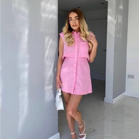 Linen Zara Pink Two Piece Dress Mini Short - Picture 4 of 9
